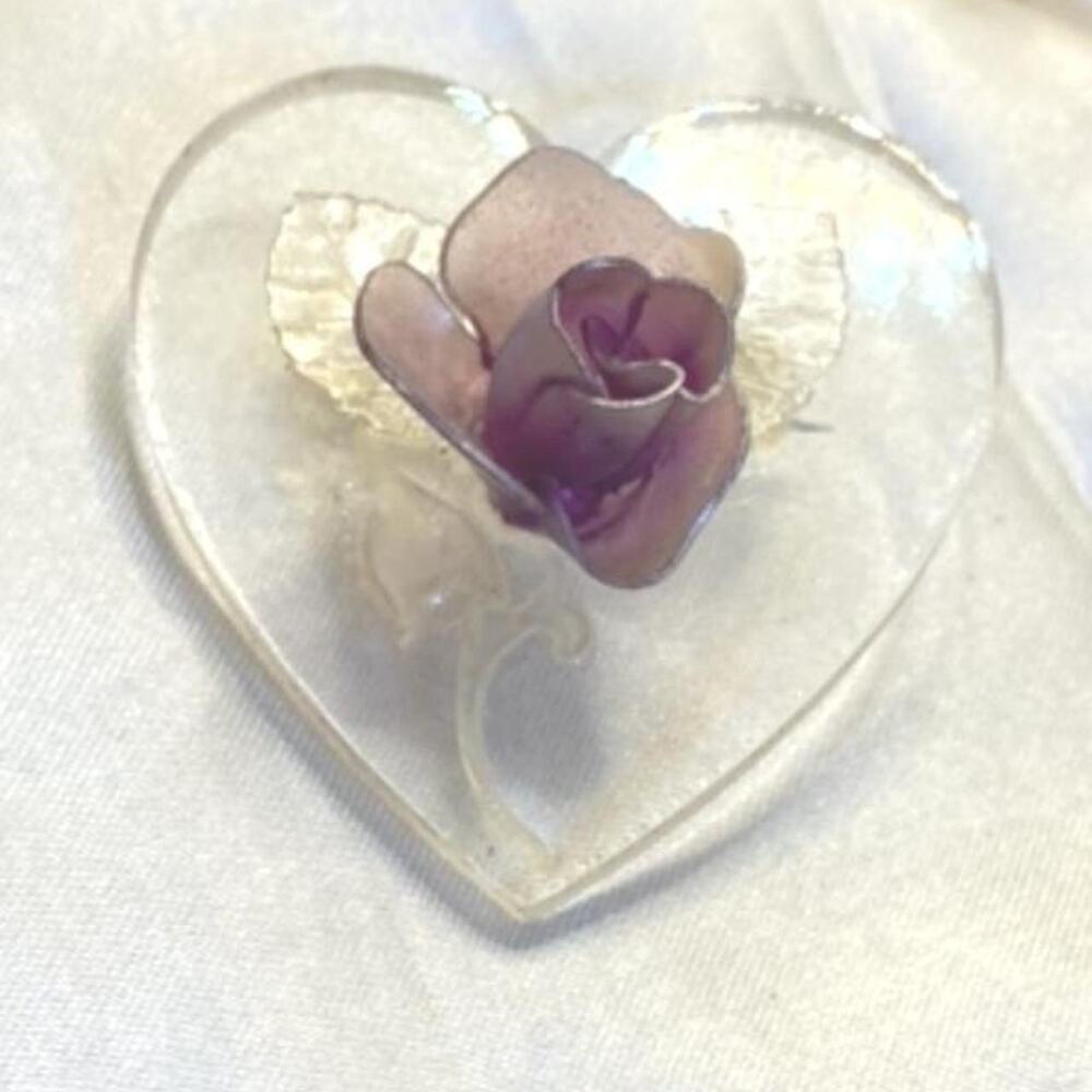 Vintage Clear Lucite Heart Brooch Purple 3D Rose Reverse Carved Floral Pin